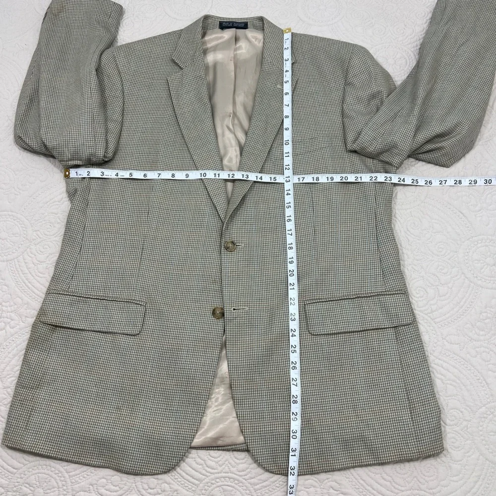 Haspel Mens Silk Wool Blazer Sport Coat 42R Tan Blue Micro Houndstooth 2 Button